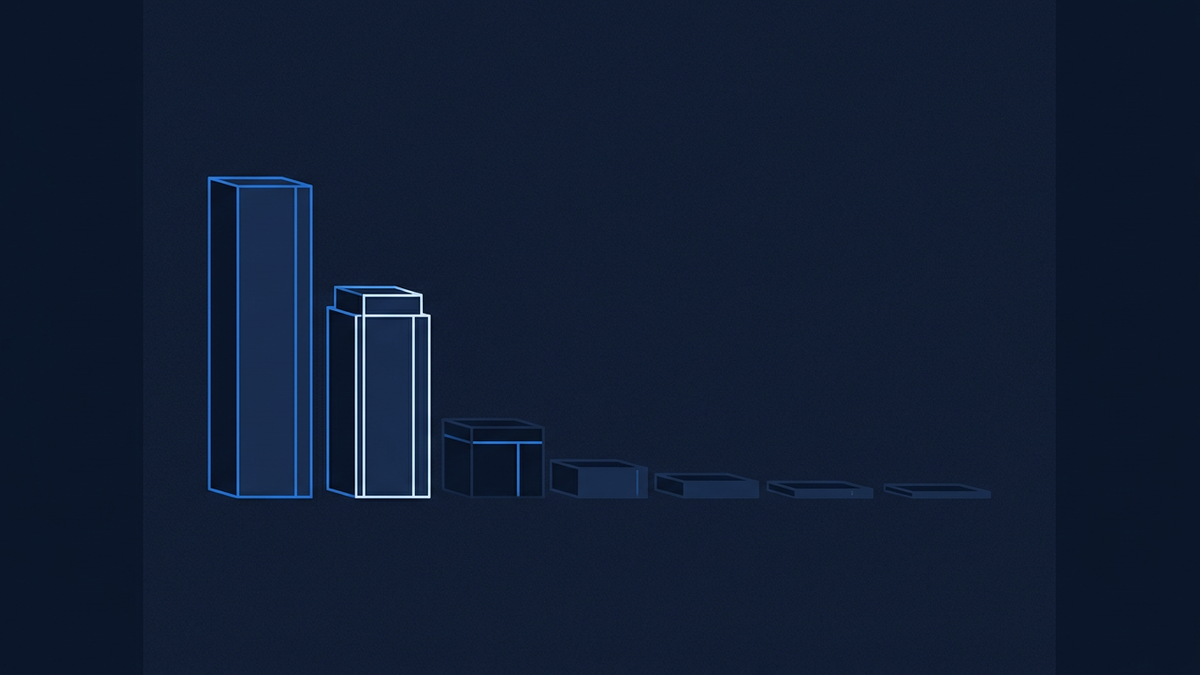 A long horizontal ladder of name-shaped blocks descending in height from a tall leader to a flat tail, centred in deep navy space