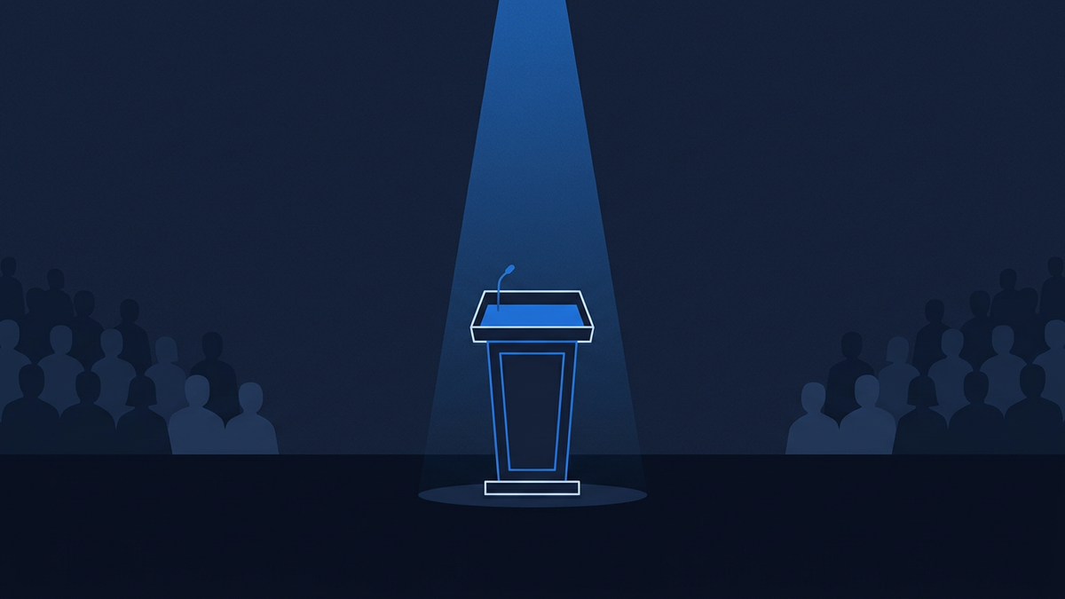 An abstract political stage set against deep navy, an empty lectern centred beneath a wide bright spotlight with faint audience silhouettes fading into darkness.