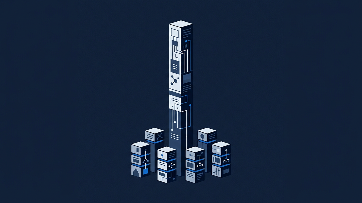 A single tall column dominating a cluster of shorter columns, the tallest one isolated and centred against deep negative space.