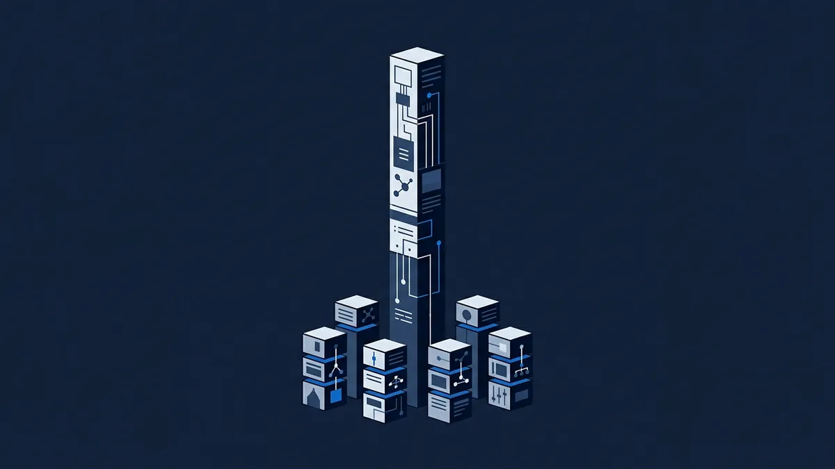 A tall isometric tower of stacked server-like blocks decorated with circuit-board lines and network-node icons rises above a cluster of smaller stacked cubes, all rendered in white, navy and blue on a dark navy background.