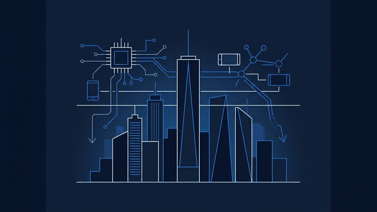 A tall abstract skyline of stacked corporate towers of varying heights, with one central tower rising well above the rest and a horizontal line cutting across at close-of-market height.