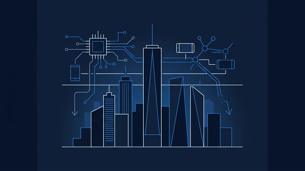 A stylised smart city skyline rendered in white and blue outlines on a dark navy background, with circuit board patterns, mobile devices, and network node diagrams floating above the buildings.