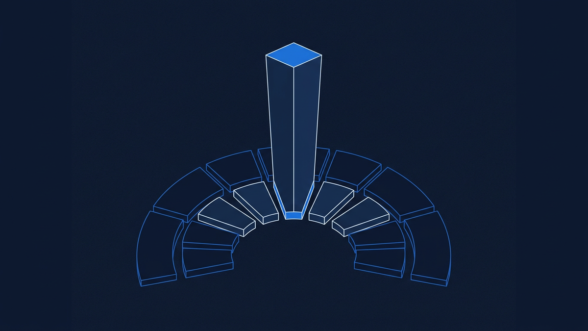 A single tall dominant column standing among several much shorter columns, arranged in a semicircle to suggest a legislative chamber.