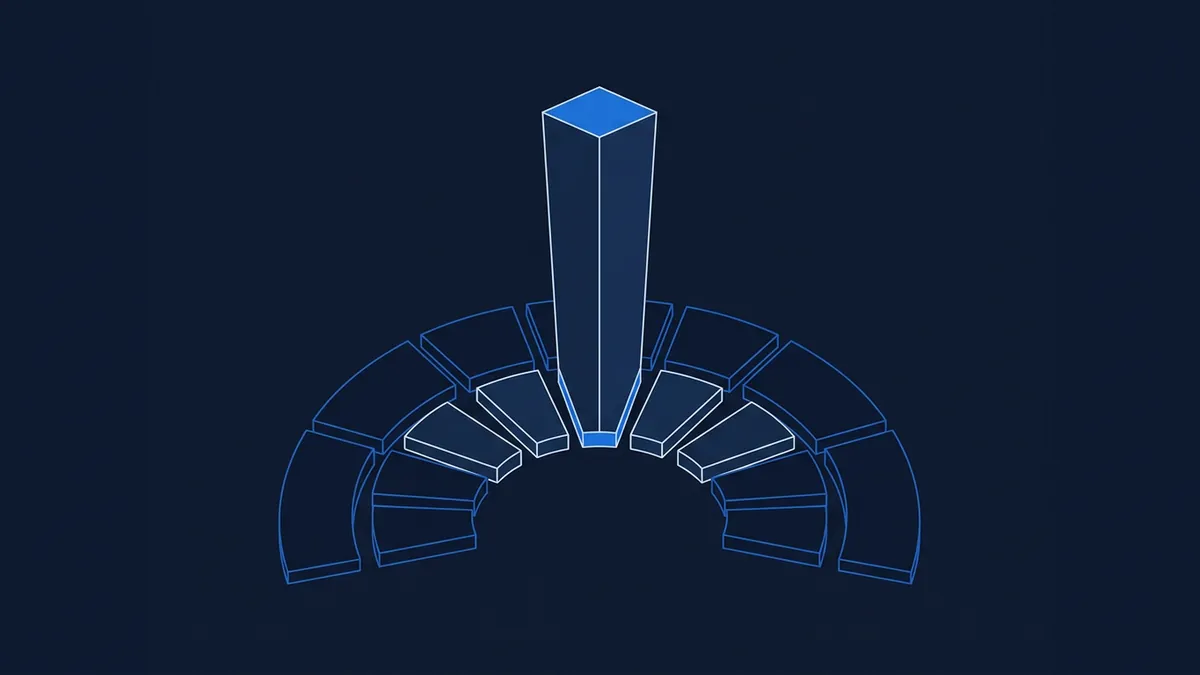 A glowing blue geometric tower rises from the centre of a semicircular arrangement of stepped 3D blocks, rendered in wireframe style on a dark navy background, evoking a data chart or podium motif.