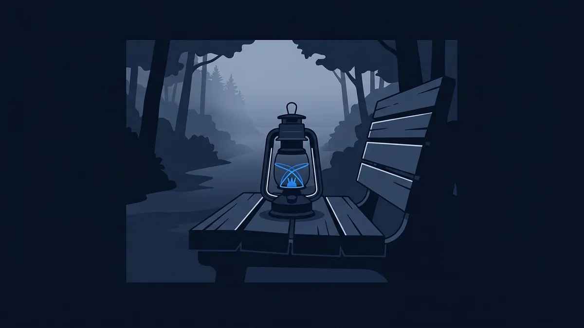A glowing blue oil lantern sits on a wooden park bench facing a misty forest path lined with dark trees, rendered in a stylised navy and blue palette.