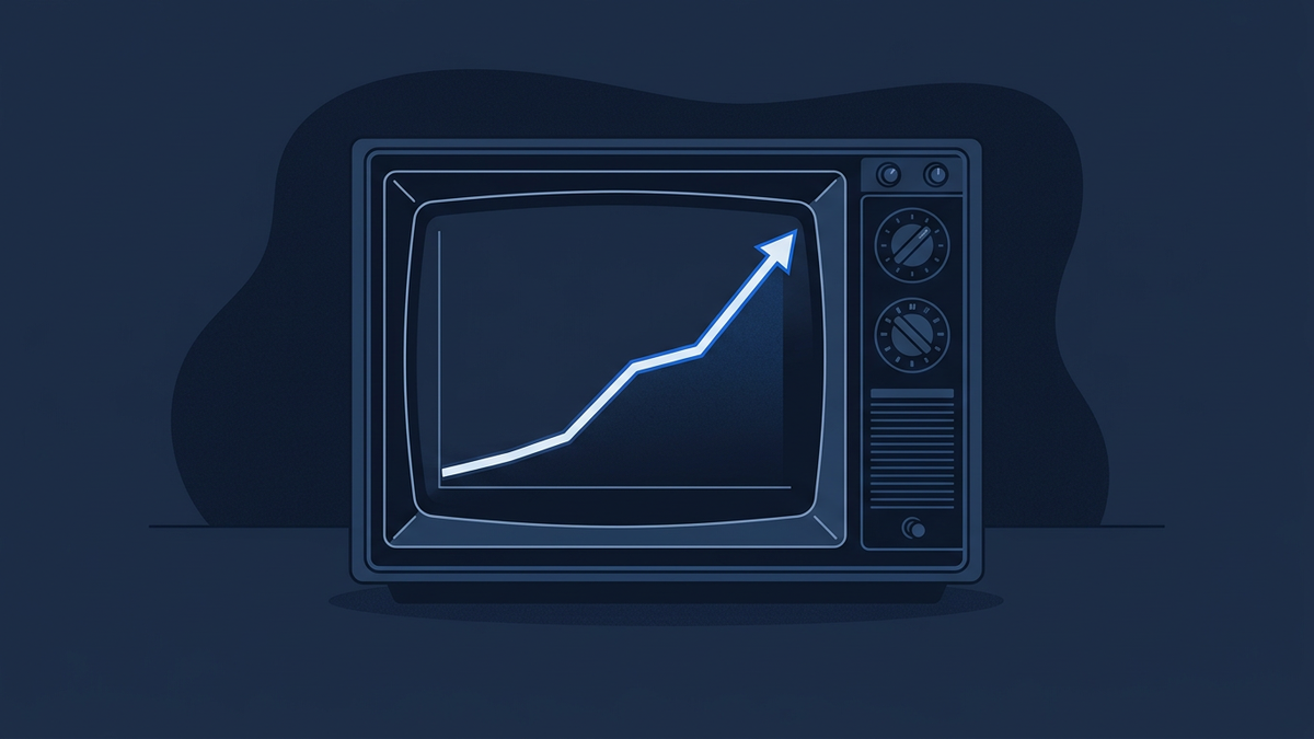 A flickering television screen at the centre of a darkened room, with a single price line rising sharply across its surface, the screen's glow casting the only light.