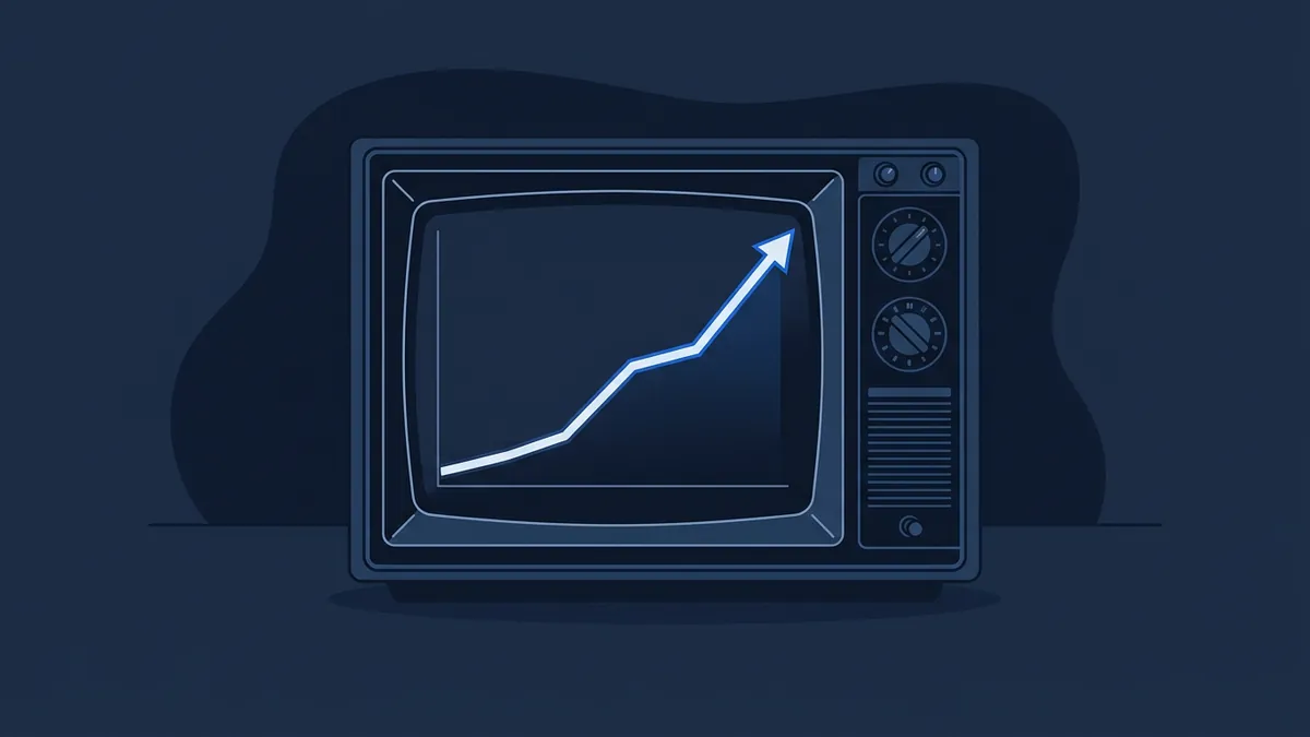 A retro vintage television set displays a glowing upward-trending line chart with an arrow on its dark screen, rendered in a flat illustrative style with a deep navy blue palette.