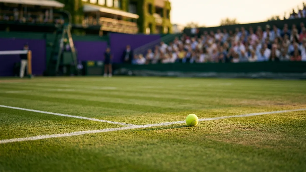 A yellow tennis ball rests on the white chalk lines of a grass court at golden hour, with a blurred crowd filling the stands and ivy-covered buildings in the background.