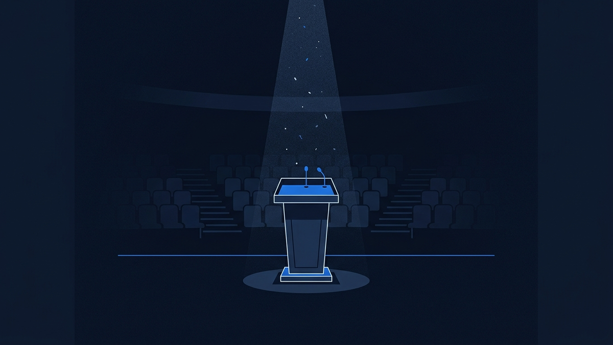 A single lit podium centred on a darkened stage, empty rows of seats fanning out behind it, the beam of a spotlight catching swirling dust
