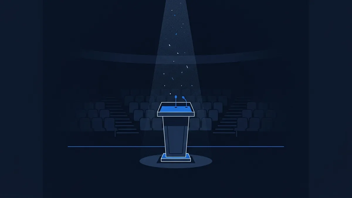 A stylised illustration of a lone podium with two microphones lit by a spotlight beam in a dark empty auditorium, rows of vacant seats visible behind it, rendered in a navy and blue palette.