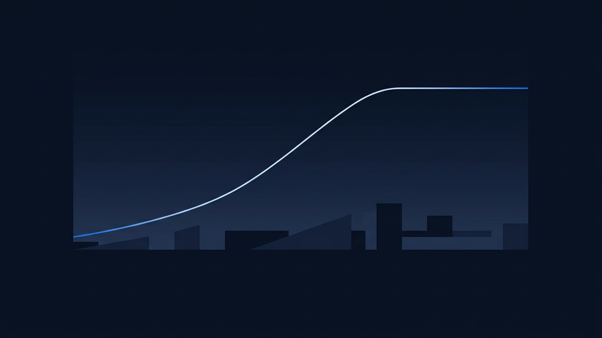 Editorial illustration of a rising probability line settling above a quiet stadium horizon at dusk