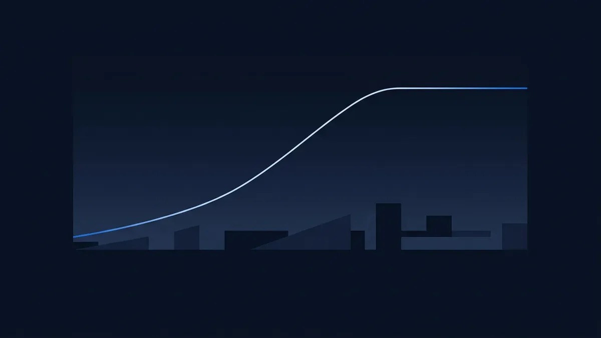 A smooth S-curve line rises from lower left to upper right against a dark navy background, levelling off at the top, with a stylised geometric city skyline silhouette along the bottom in deep blue tones.