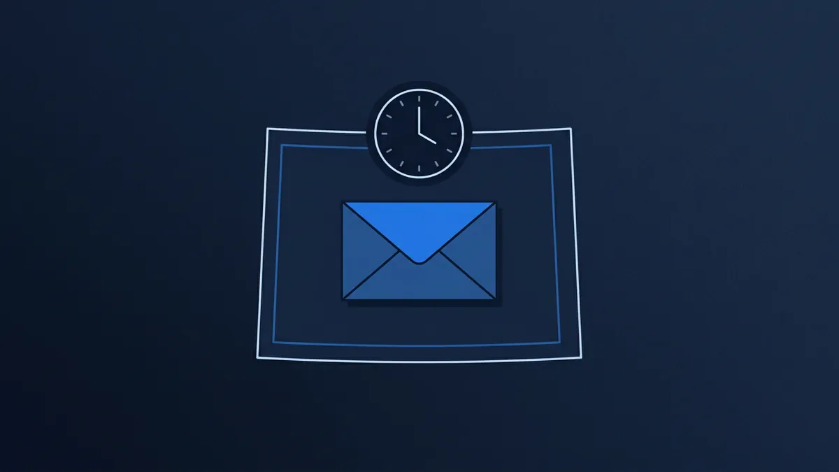 A clock icon sits above nested rectangular outlines on a deep navy background, with a blue sealed envelope icon centred inside the frames.
