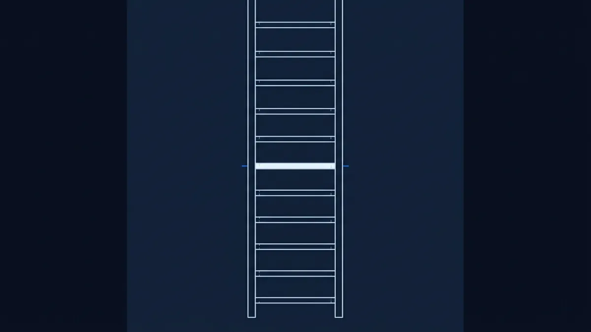 A vertical ladder diagram rendered in white outlines on a deep navy background, with one central rung glowing bright white and small blue tick marks extending from the sides at that level.