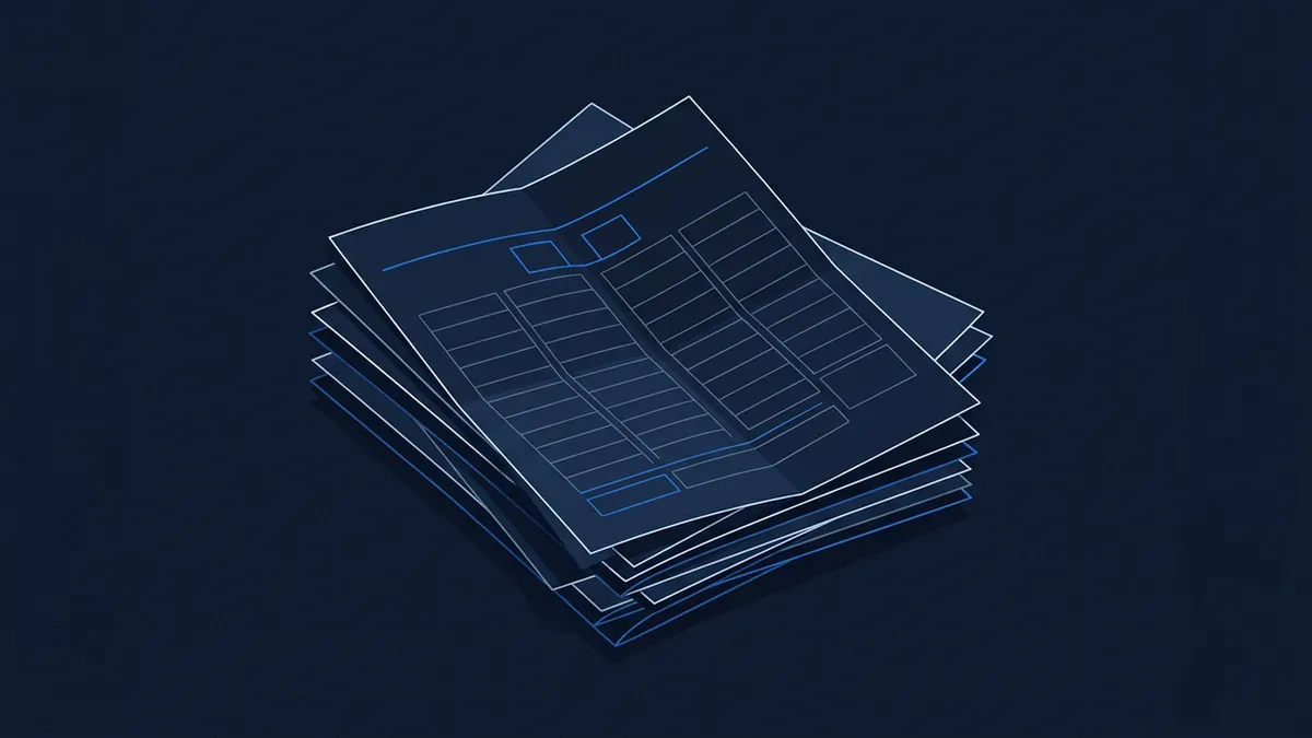 A stack of dark navy document sheets rendered in a stylised isometric illustration, the top sheet showing a grid layout of rows and columns suggesting a form or roster, with blue and white outlines on a deep navy background.