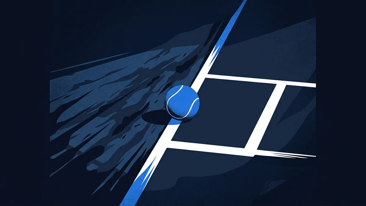 An abstract editorial illustration in deep navy: a tennis ball resting on a white court boundary line, one side dissolving into streaks