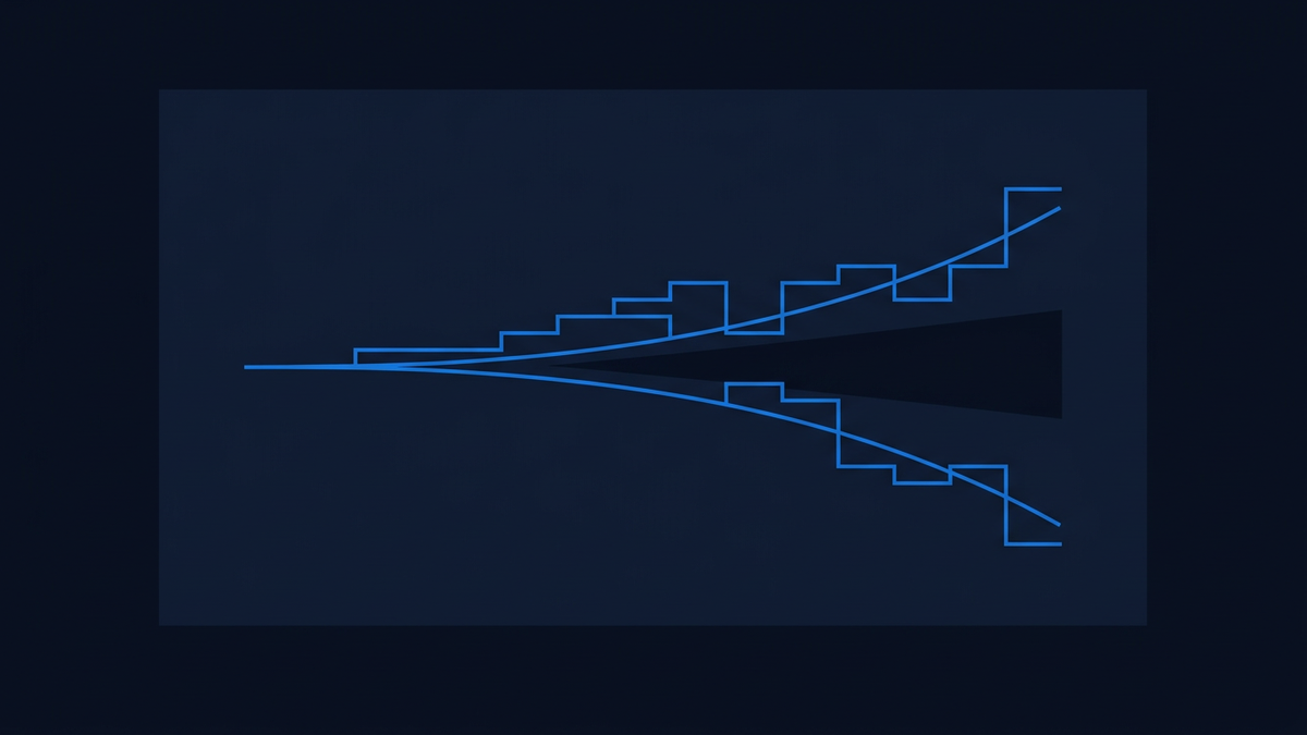 Two pairs of forecast lines, one smooth and one stepped, fanning apart from a single point across a deep navy field, with a wedge of empty space opening between them