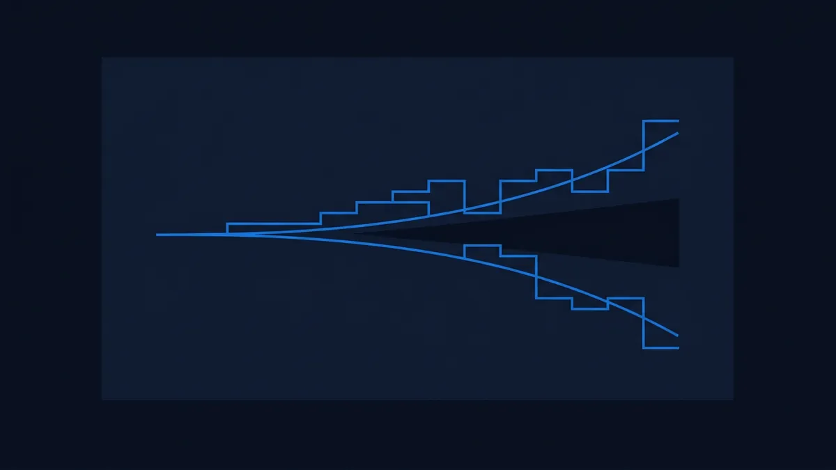 Two blue stepped-line paths and two smooth curves diverge symmetrically from a central vanishing point across a dark navy background, forming a widening wedge shape that suggests a forecast or confidence-interval chart.