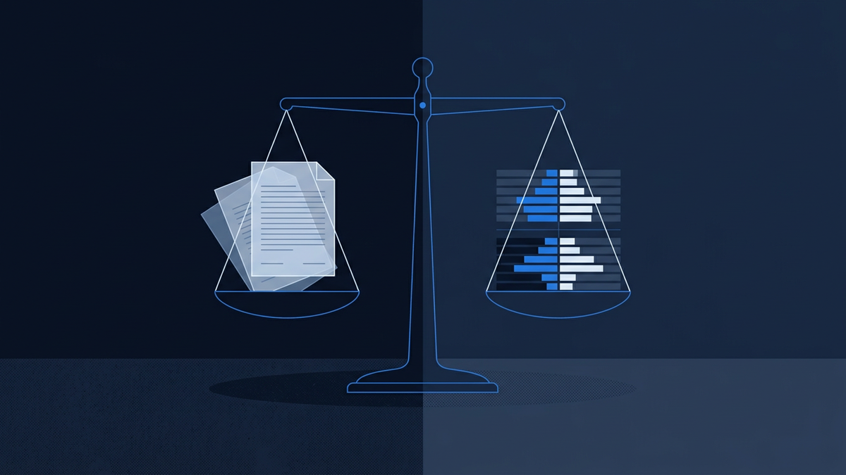A balance scale on a dark navy background holds stacked documents on the left pan and a blue and grey bar chart on the right pan, suggesting a comparison between traditional records and data analytics.