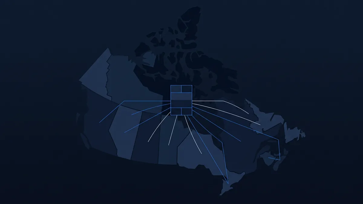 Dark navy map of Canada divided into provincial and territorial regions, with a glowing blue square icon at the centre and multiple white and blue lines radiating outward to various locations across the country.