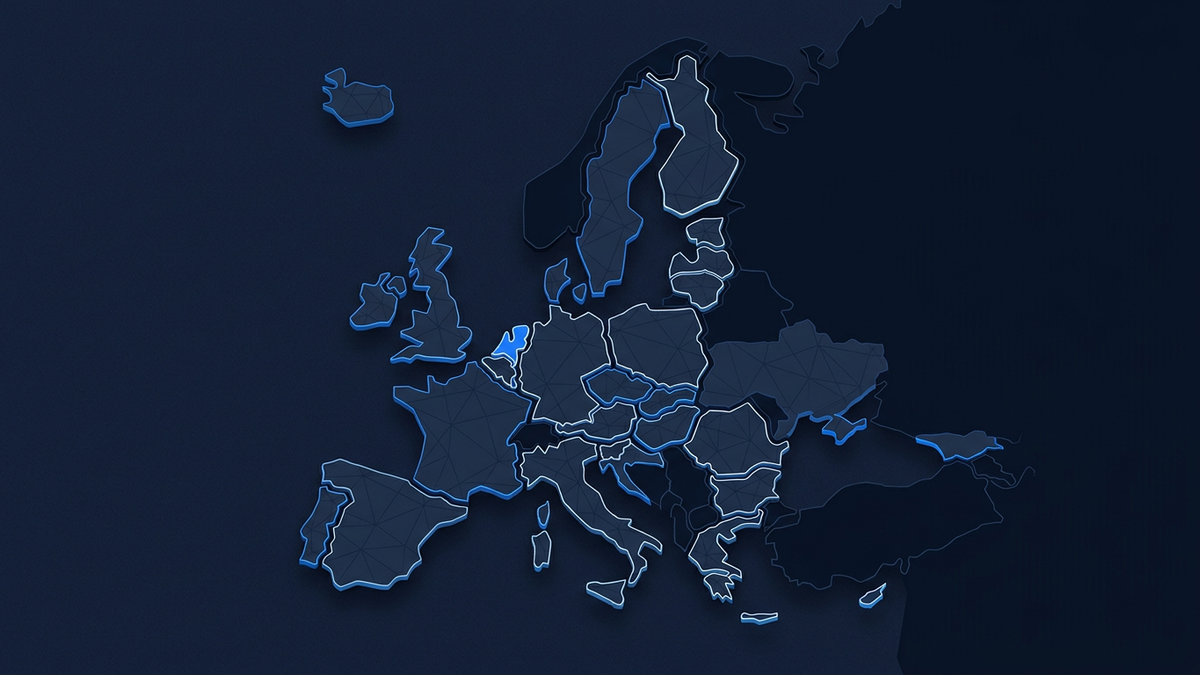 A stylised map of Europe broken into separate plate-like shapes at different heights, each plate a distinct shade of navy, suggesting fragmented jurisdiction