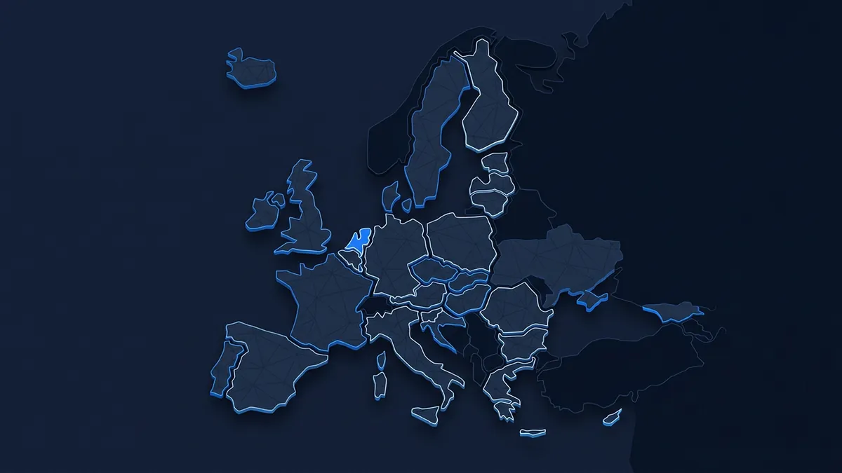 A stylised 3D map of Europe with country borders outlined in glowing blue and white lines against a dark navy background, with one small central country highlighted in bright blue.