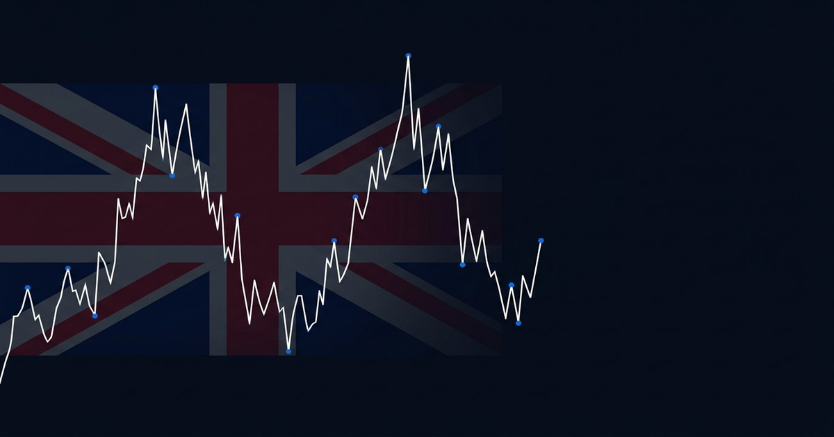 UK Union Jack flag overlaid with a rising financial market chart line on a dark navy background