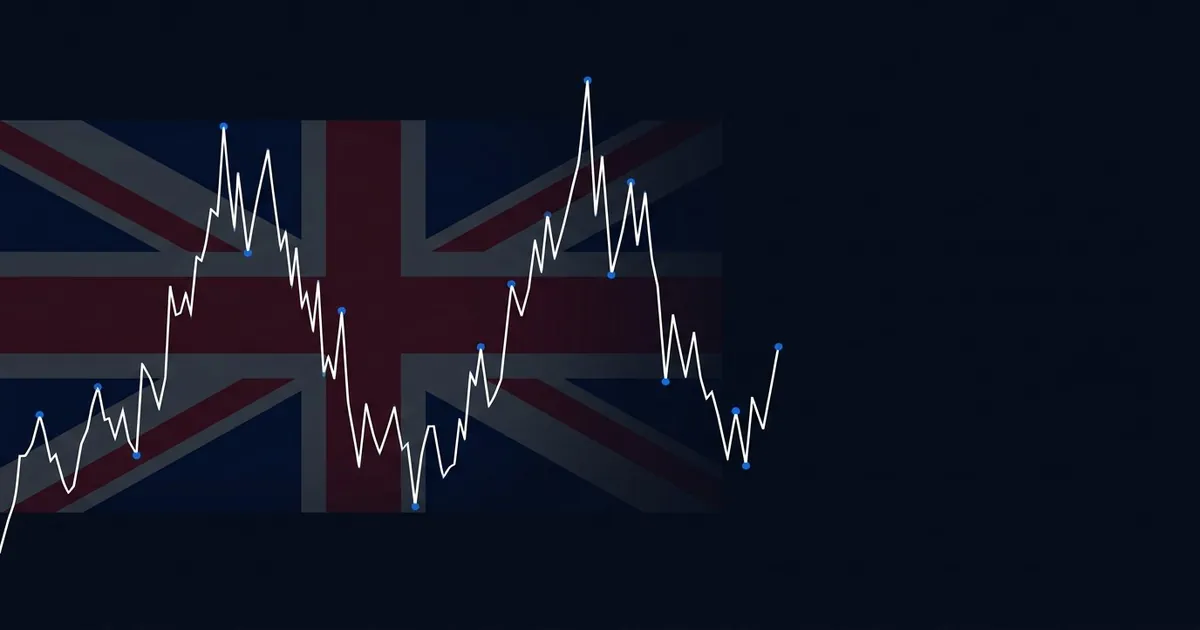 A Union Jack flag rendered in dark muted tones on a navy background, overlaid with a white financial market line chart featuring blue data points showing volatile rises and falls.