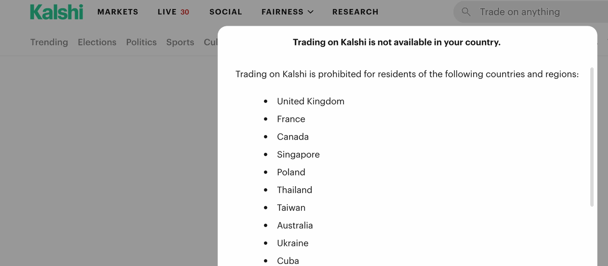 Kalshi country restriction notice showing United Kingdom at the top of prohibited countries