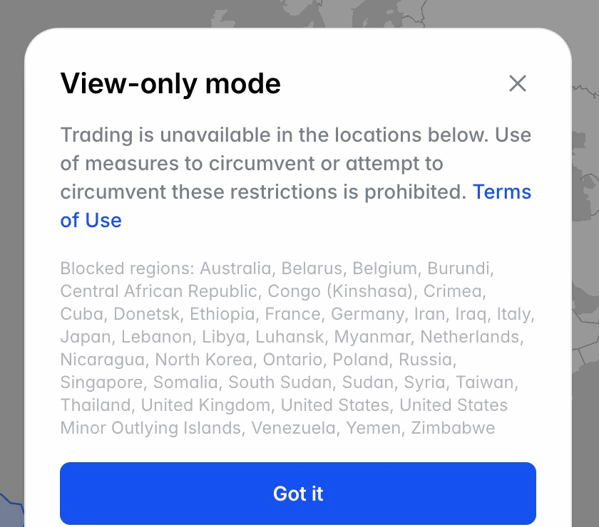 Polymarket View-only mode modal listing blocked regions including the United Kingdom