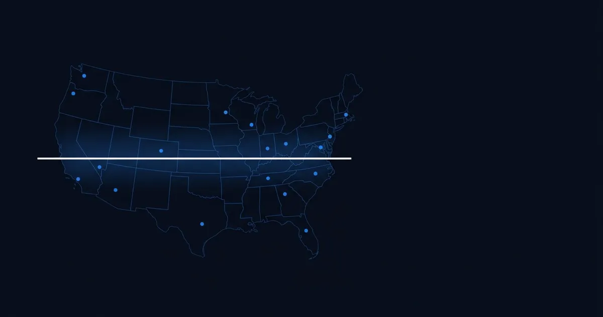 Dark navy map of the United States with state borders drawn in blue outlines and scattered blue dot markers across various states, crossed by a glowing white horizontal line.