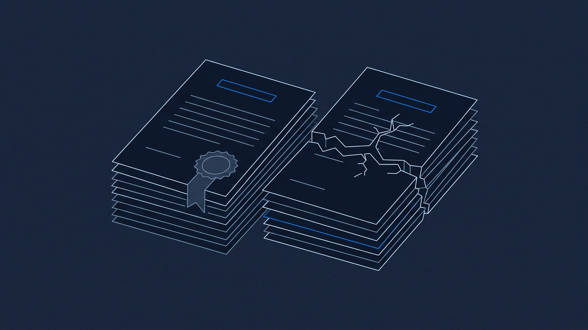 Two parallel financial document stacks rendered as flat shapes, one stamped with an approval seal motif, the other cracked down the middle, sitting on a navy desk surface.