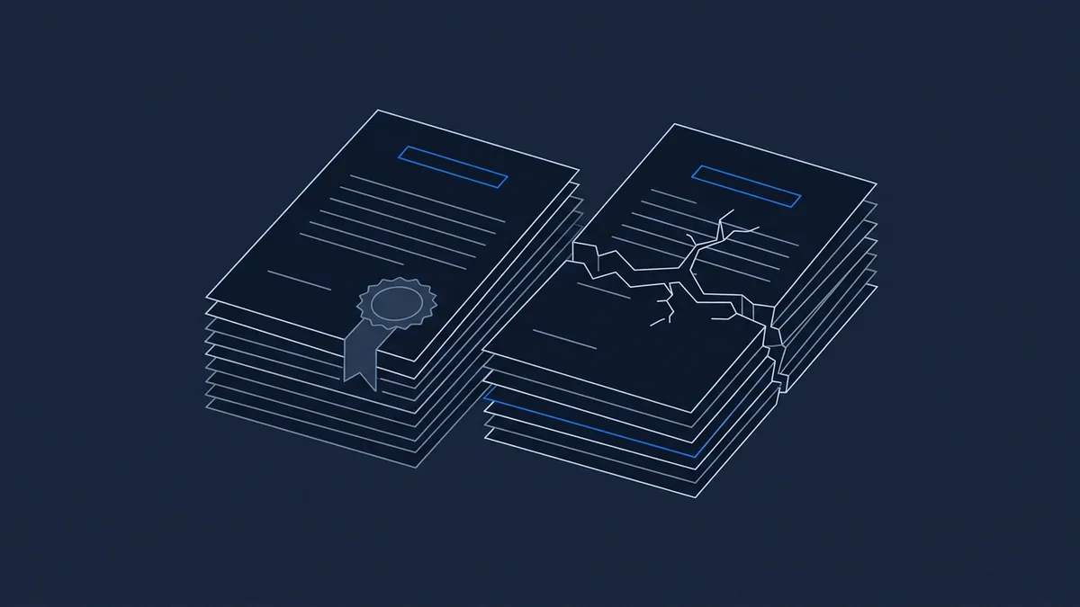 Two stacks of stylised documents rendered in navy blue line-art, one bearing a ribbon-and-seal badge motif, the other showing jagged cracks splitting through the pages, set against a dark navy background.