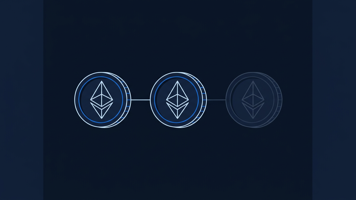 Three stylised Ethereum coins linked by a chain on a deep navy background, the left two glowing blue and the rightmost faded grey, suggesting a blockchain or transaction concept.