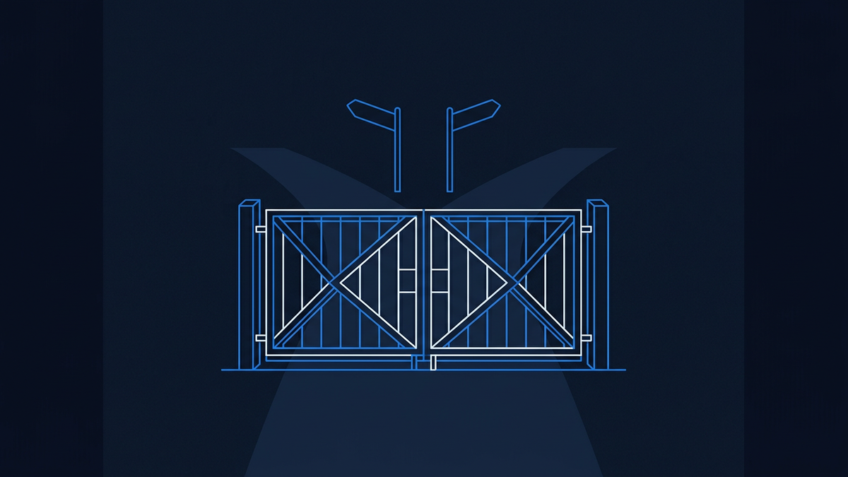 A closed gate motif rendered as flat geometric shapes, with a single signpost pointing to alternative paths set against deep negative space
