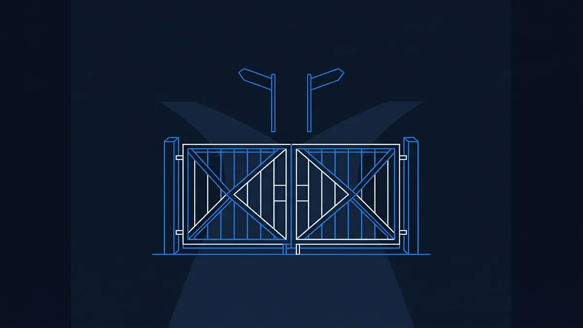 A closed double gate drawn in blue and white line art, flanked by two directional signposts, set against a deep navy background with subtle spotlight rays.