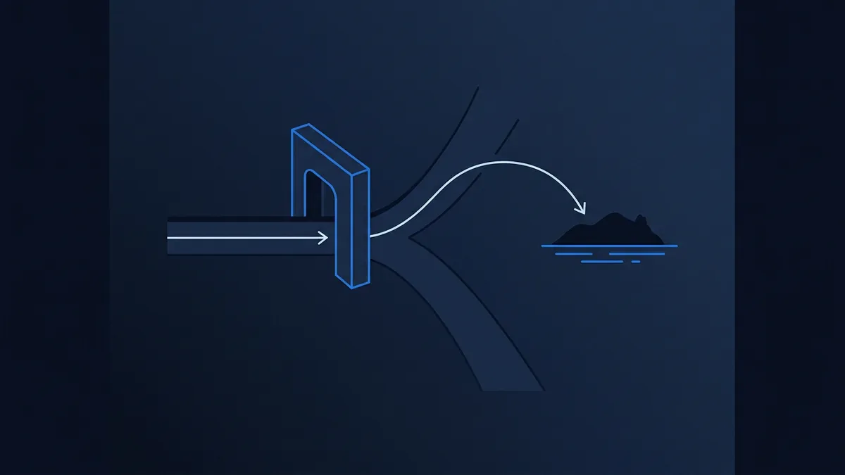 A dark navy diagram showing a horizontal arrow passing through a blue rectangular arch gateway, then splitting into curved paths, with one white arrow looping over to a small island silhouette above blue water lines.