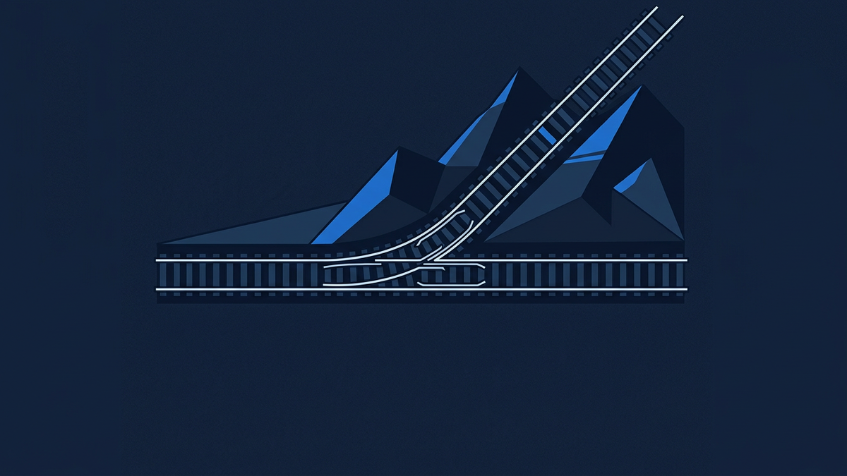 Two parallel rails diverging at different angles from a single switching junction, suggesting two routes from one starting point