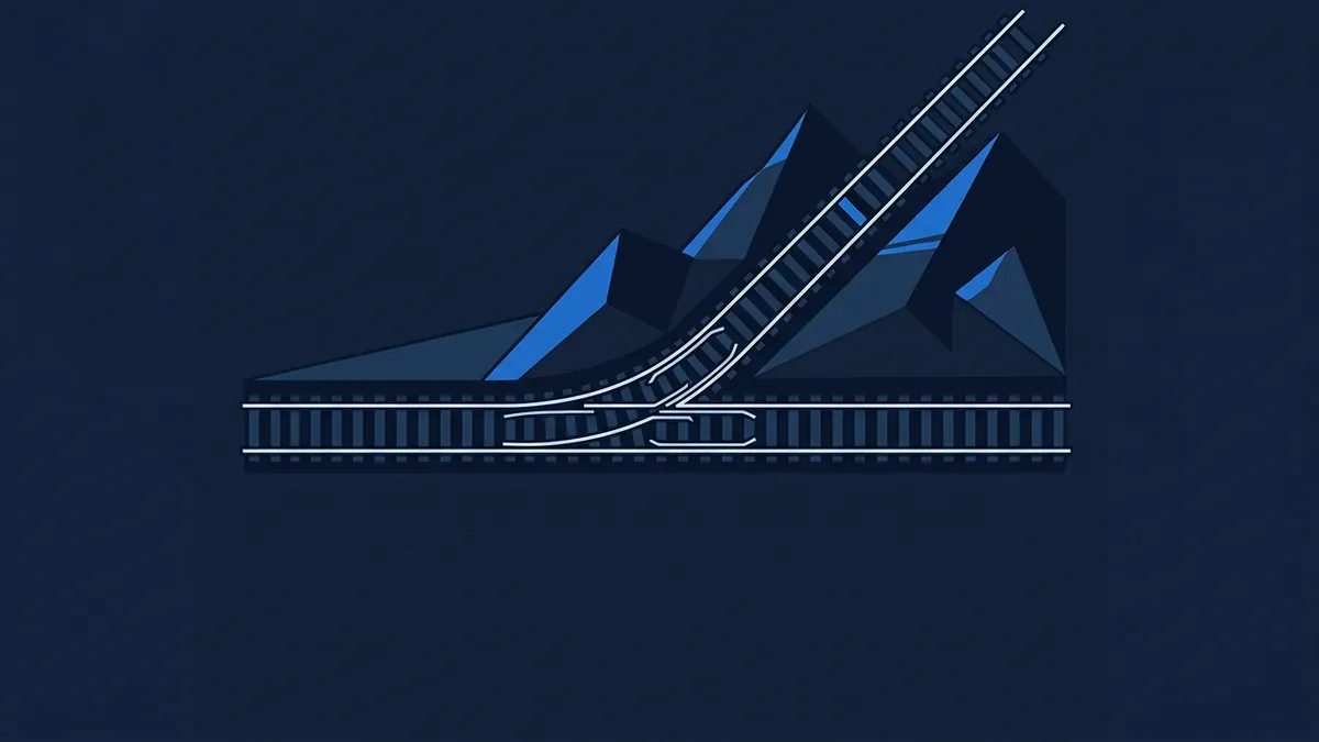A minimalist geometric illustration showing railway tracks branching at a switch junction, with one track climbing steeply up angular blue mountain peaks, set against a deep navy background.