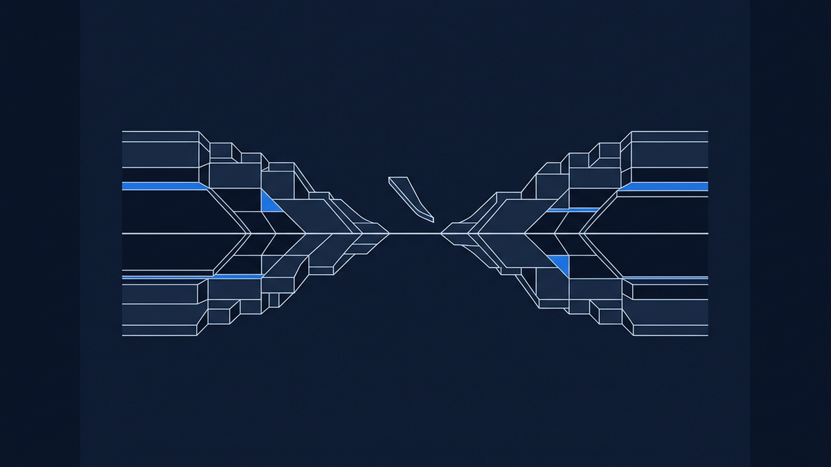 Two mirrored sets of angular 3D block and arrow shapes face each other on a deep navy background, rendered in white outlines with blue accent highlights.