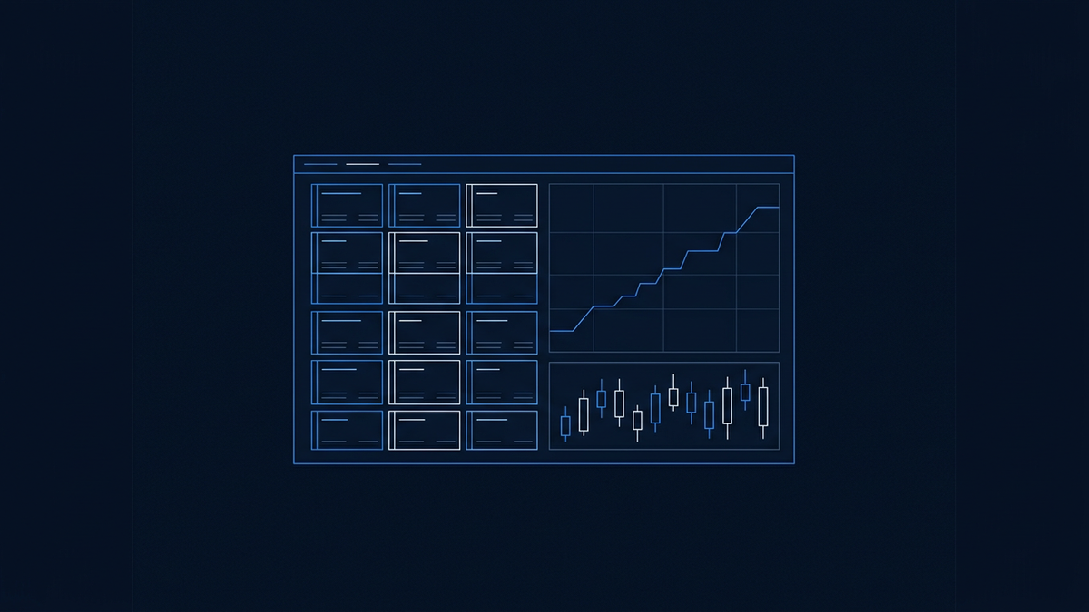 Abstract data-visualisation panel on a deep navy field: a grid of market cards, a rising line chart and candlestick bars rendered in electric blue, no maps or symbols.