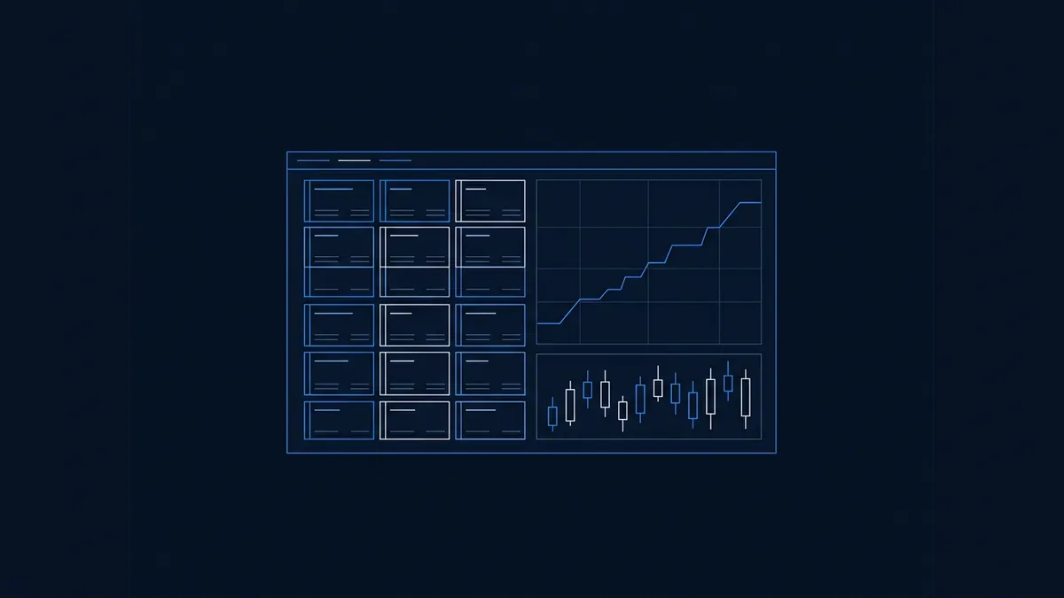 A blueprint-style financial dashboard on a deep navy background, showing a grid of data cards on the left, a rising line chart in the upper right, and candlestick bars in the lower right, all rendered in electric blue and white outlines.