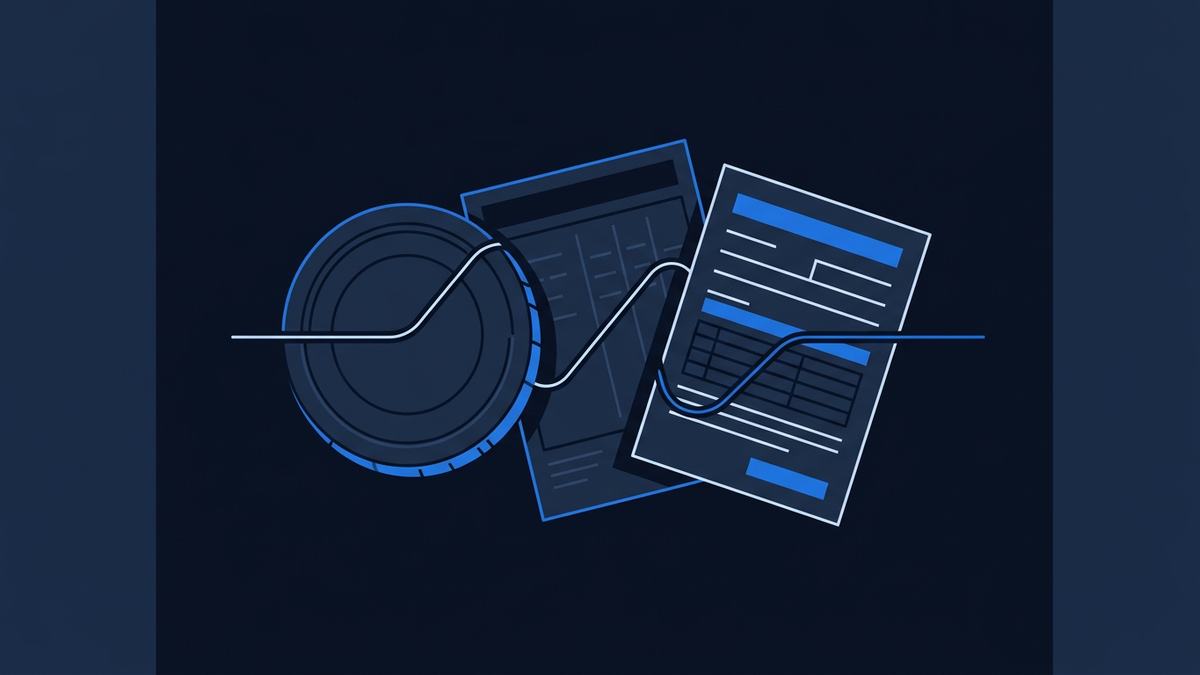 A layered schematic of an exchange seal partially overlapping a clearinghouse document and a broker ledger, the three pieces interlocking at the centre