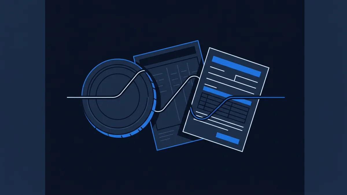 A stylised dark navy illustration featuring a circular coin-like disc, a spreadsheet grid card, and a document with blue highlighted text blocks, connected by a flowing sine-wave line.