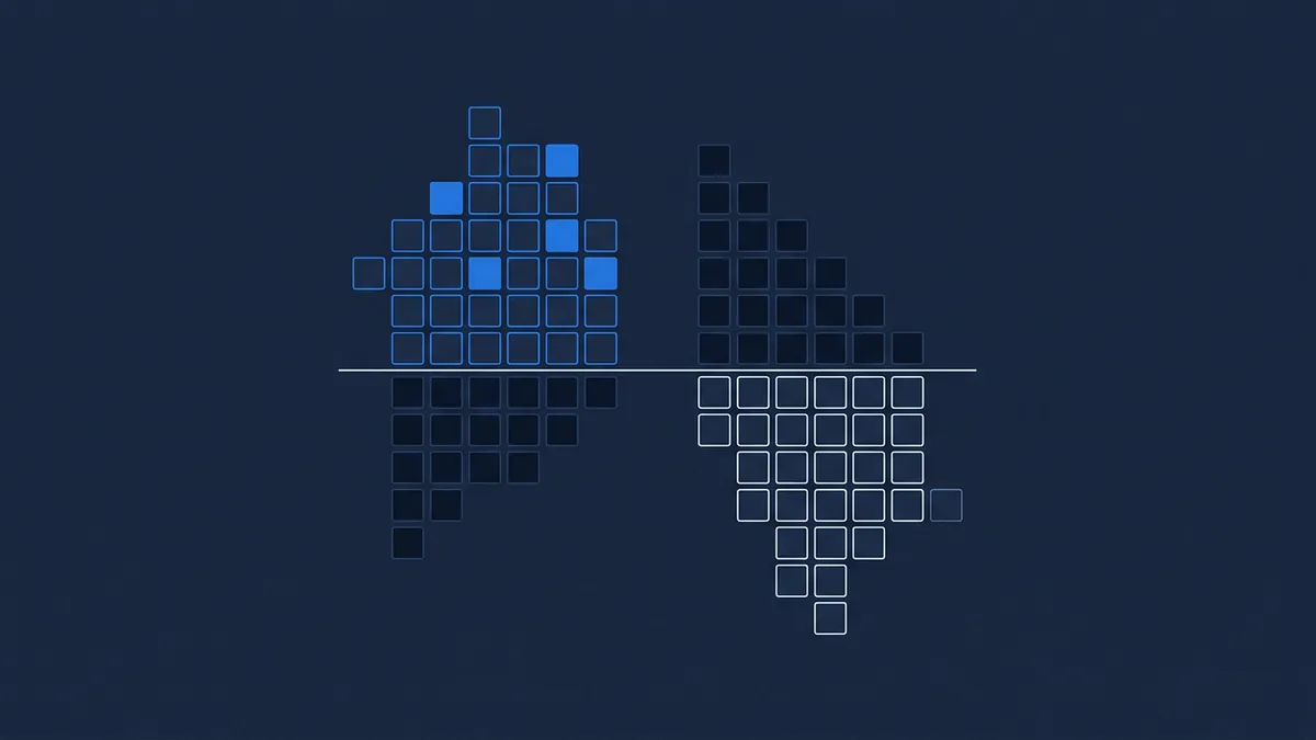 Two pixelated arrow shapes made of small squares face each other across a horizontal line, one pointing up in blue tones and one pointing down in dark navy, on a deep navy background.