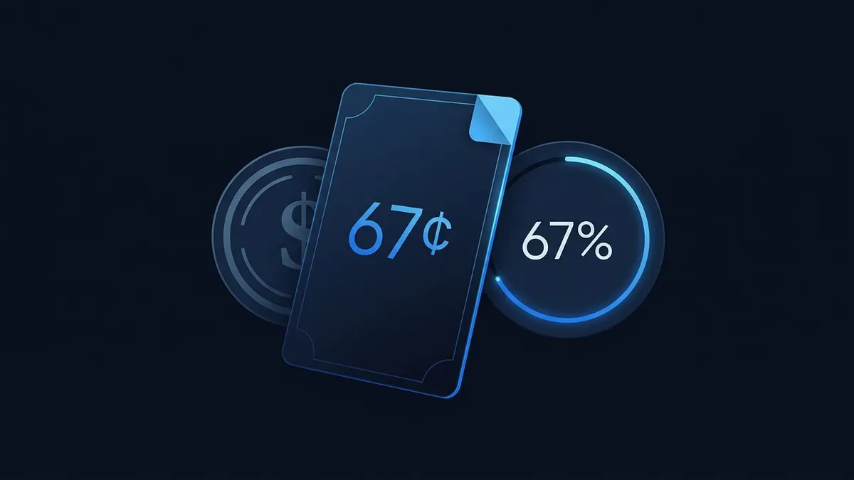 A dark navy digital illustration featuring a glowing blue card displaying 67 cents, a circular progress dial showing 67 percent, and a coin with a dollar sign, all rendered in a sleek glassmorphism style.