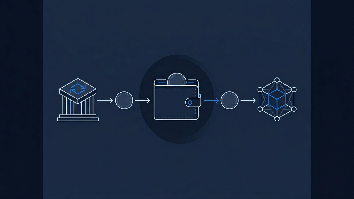 A flat editorial illustration showing a stablecoin token routed along a clear path from an exchange icon to a wallet to a prediction market node, centred composition.
