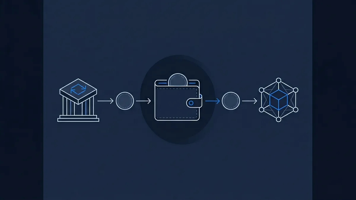A dark navy diagram showing a flow from a bank building icon through circular tokens to a wallet icon and onward to a geometric blockchain node, connected by arrows in blue and white line art.