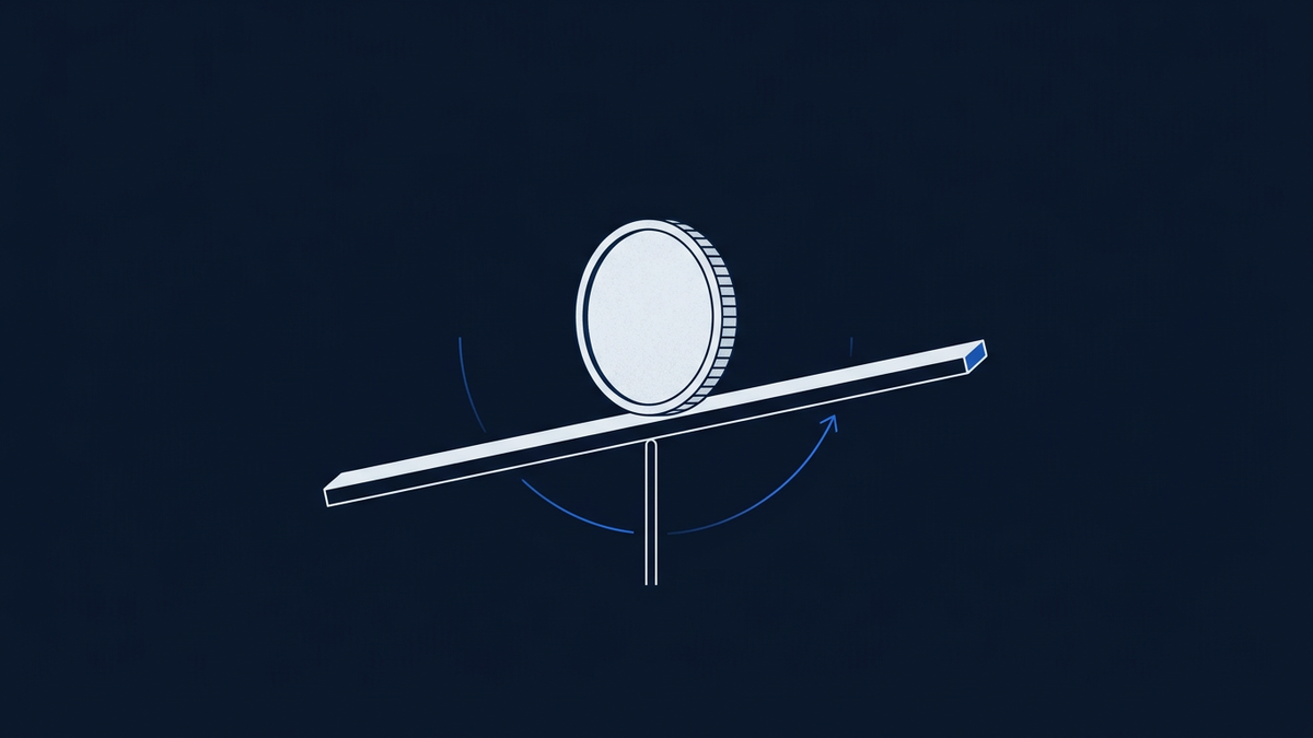 A single coin balanced on the edge of a tilting beam, with a probability scale curving beneath it, the balance point sitting precisely off-centre