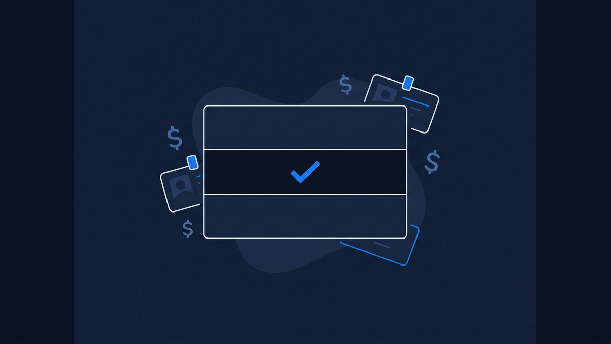 A flat editorial illustration of a stylised account-opening form with a single tick mark glowing in its centre, set against deep navy negative space.